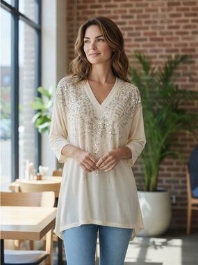 ROBERTO CAVALLI SILK BEAD SEQUIN EMBELLISHED V-NECK Y2K IVORY TUNIC TOP